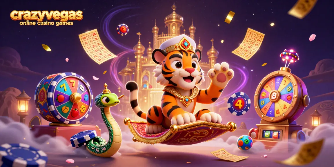 Experience crazyvegas online casino games with a vibrant 3D scene featuring a magic lamp genie and tiger sultan.