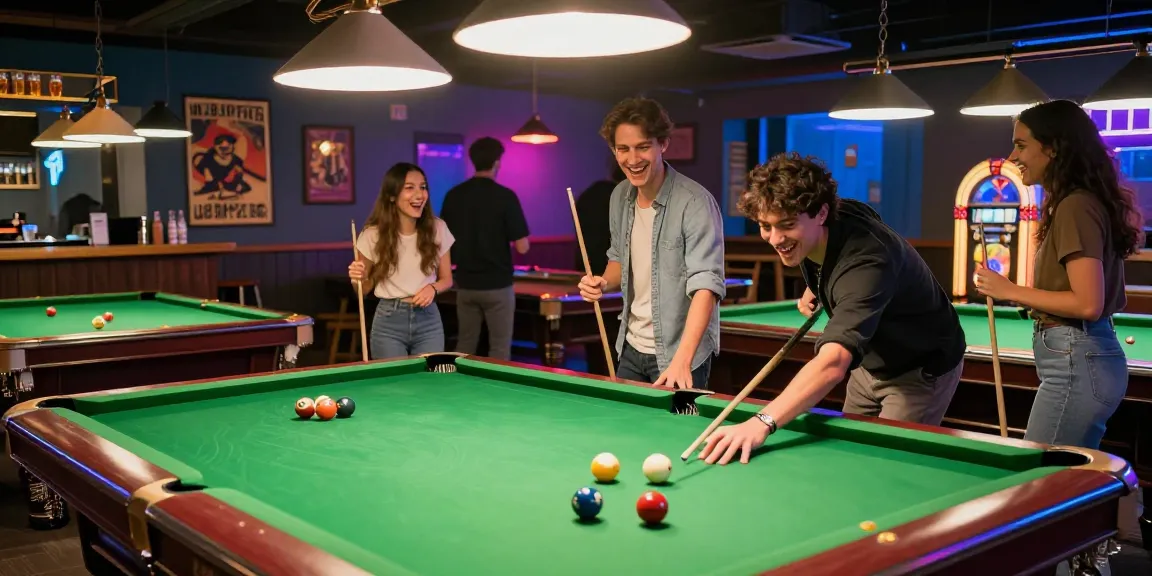 Enjoying games at a pool hall Mississauga with friends, vibrant lights and drinks around.