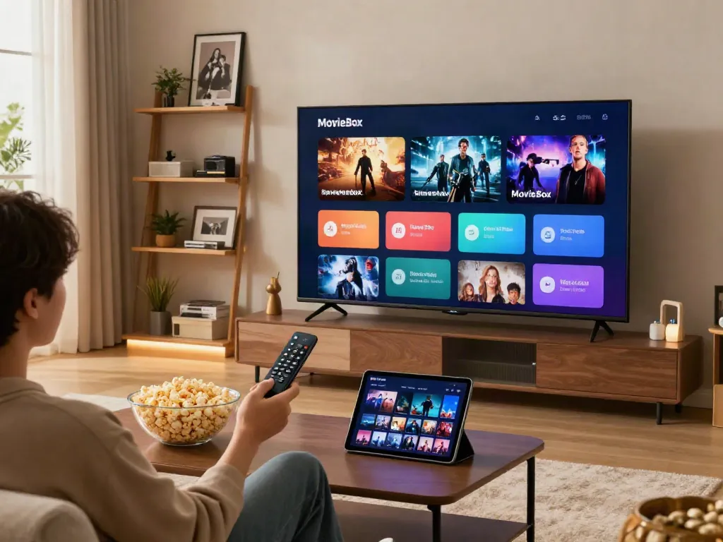 Enjoying a movie box experience in a cozy modern living room with smart TV.
