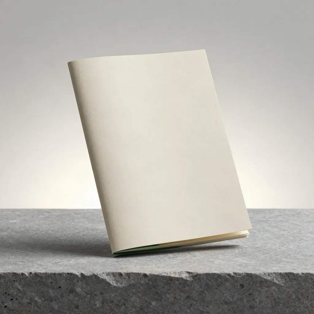 Pale paper-wrapped booklet on limestone, hovering with paper dust and a forest green edge.