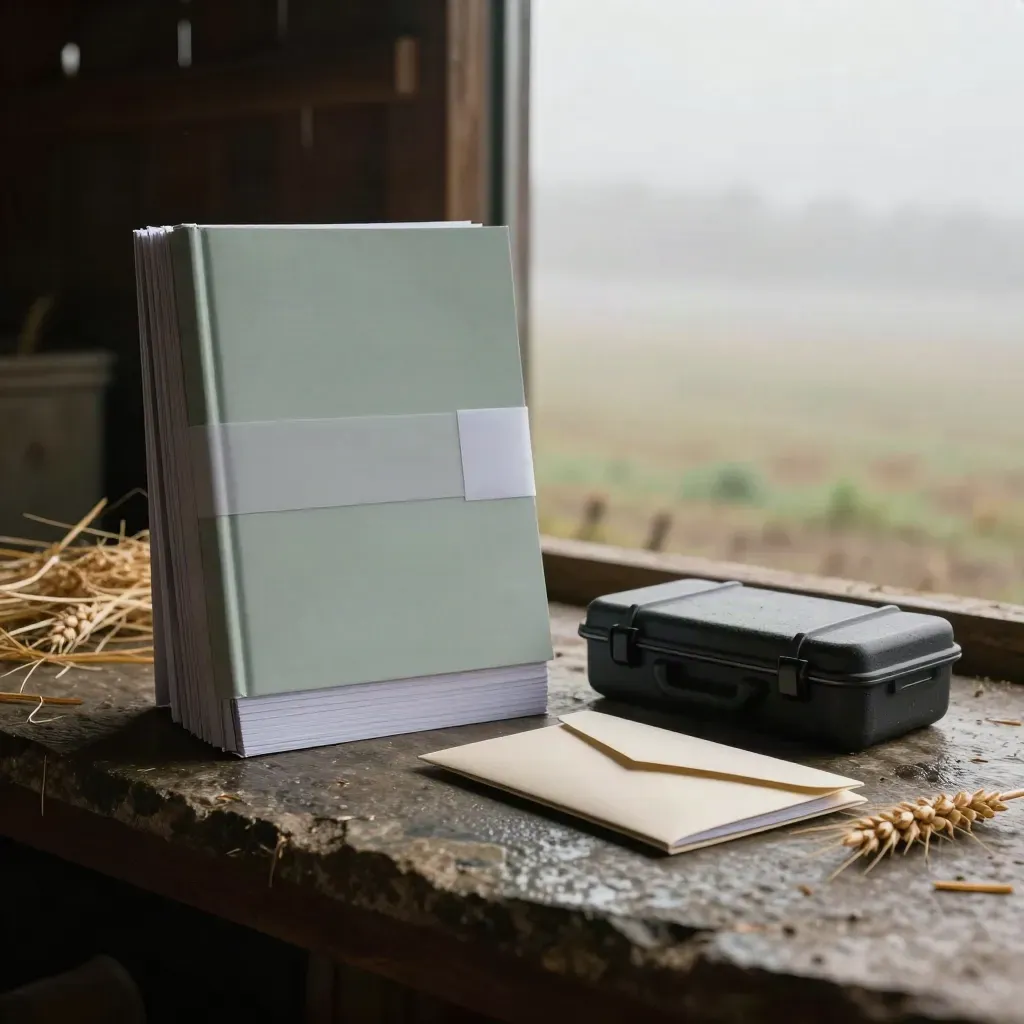 Misty prairie hero shot of Pulse Canada report booklets, binder and envelope pack on a stone slab