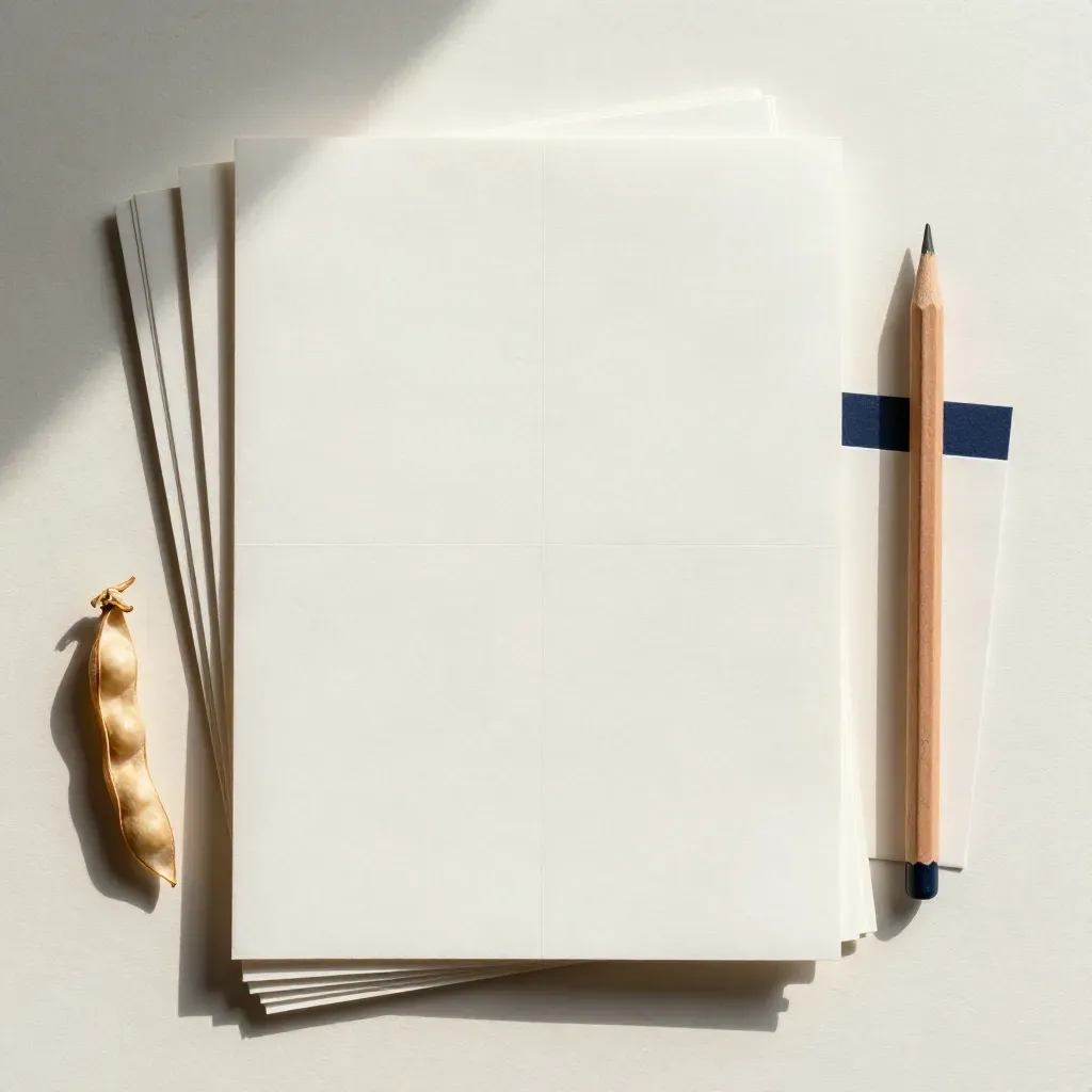 Overhead flatlay of blank contact pages with pencil stub, bean pods, and a pale sleeve