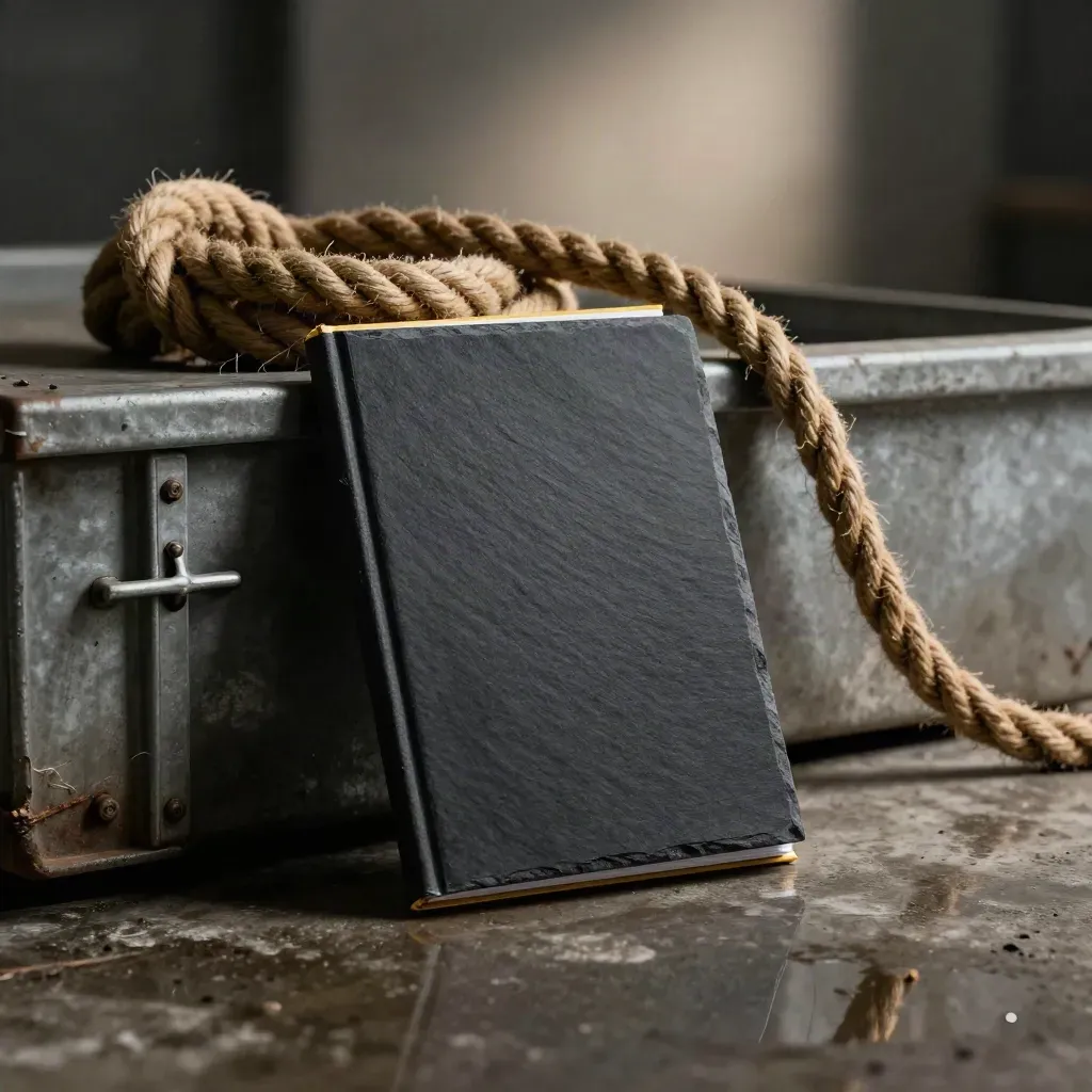 Slate booklet beside freight crate corner and rope on damp concrete, lit dramatically.