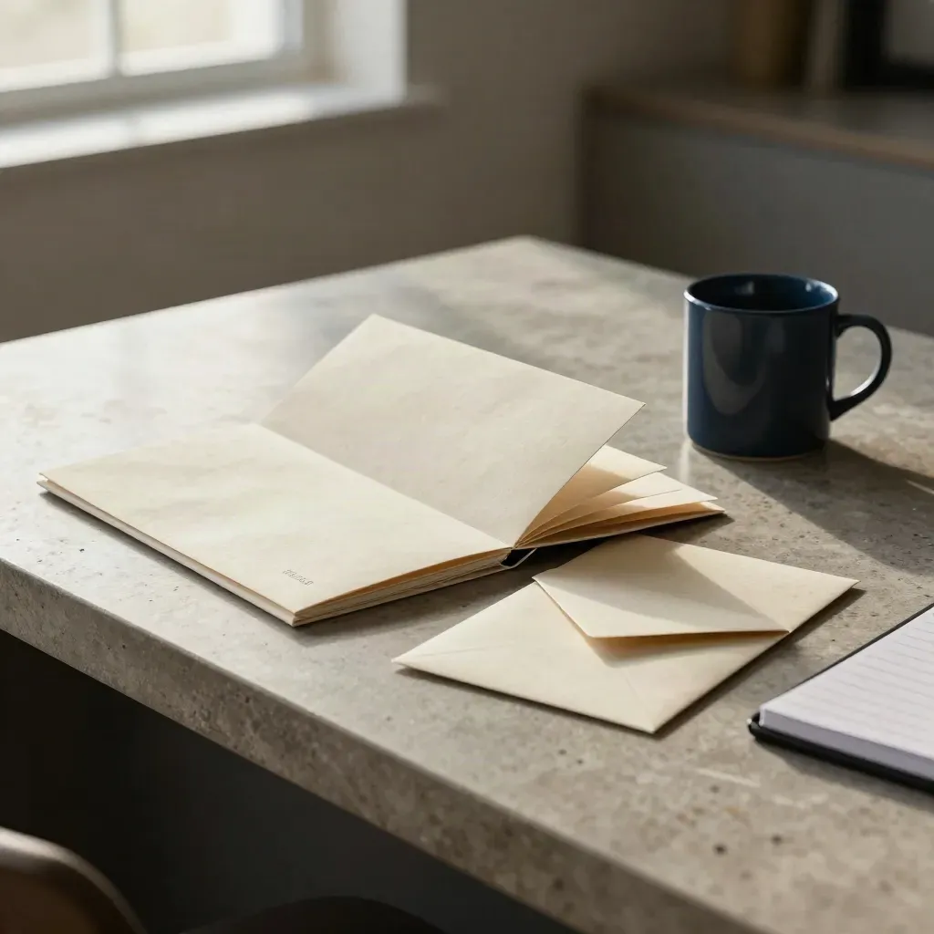 Cream membership folder, envelope pack and navy mug on a stone counter in soft loft light