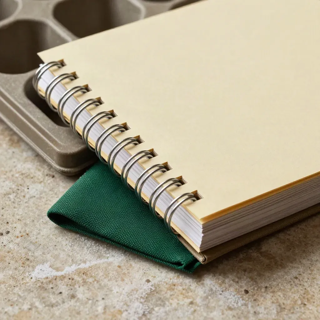 Spiral-bound crop calendar booklet with seed tray edge and green canvas tab on pale stone.