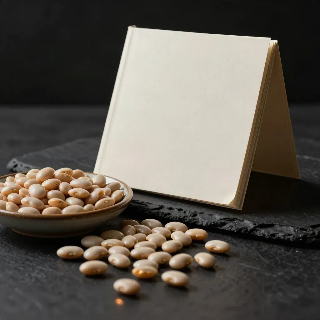 Cream booklet, ceramic dish and polished beans on a charcoal slab in dramatic studio light.