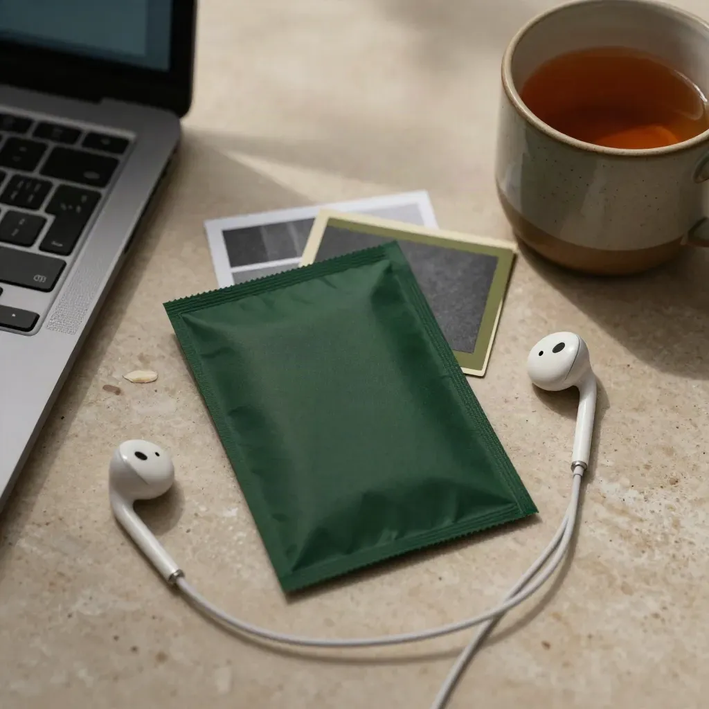Flatlay of a webinar pass packet, laptop edge, mug and earbuds on pale stone.