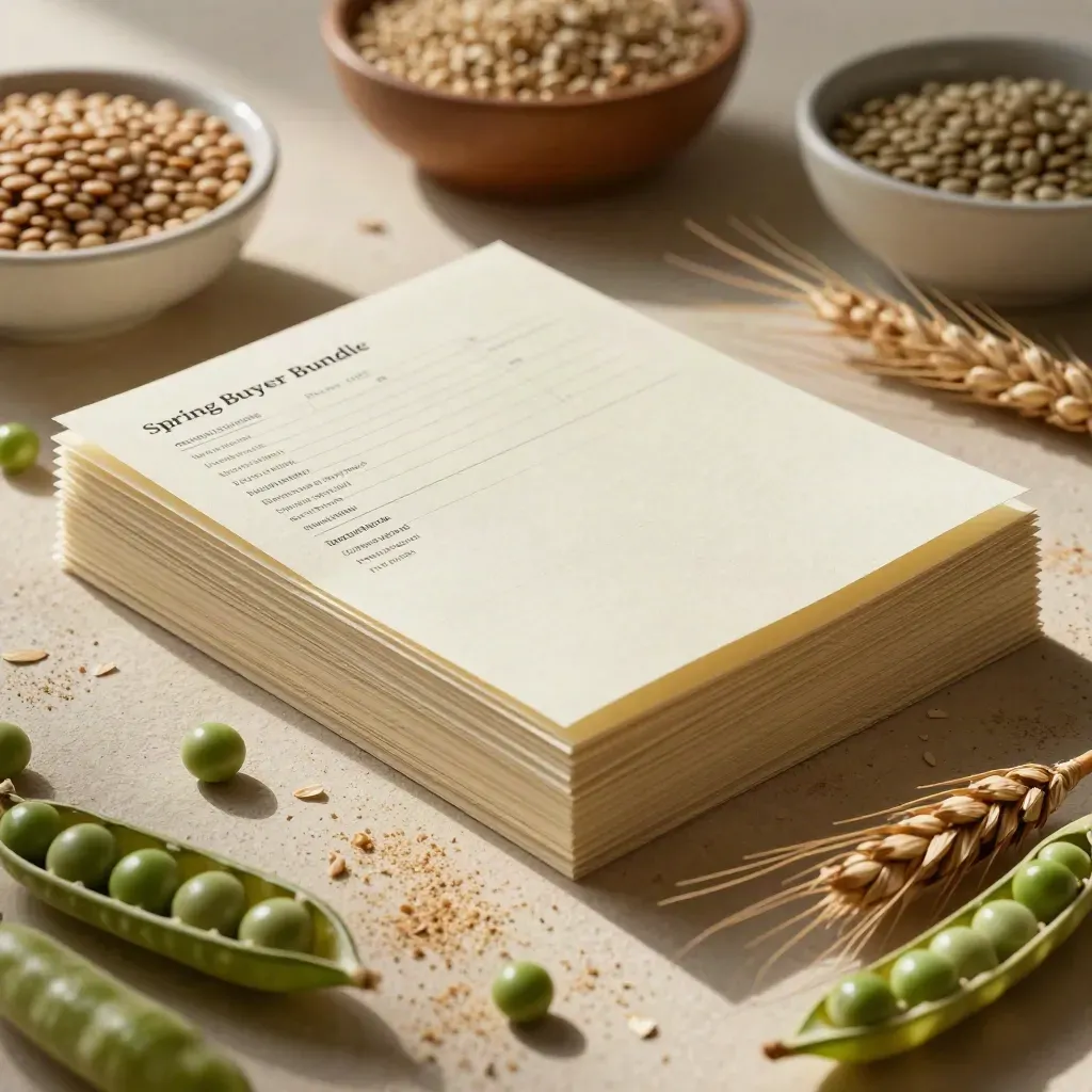 Opened buyer bundle of reports, checklists and lentils with pea pods on pale plaster, dust in light