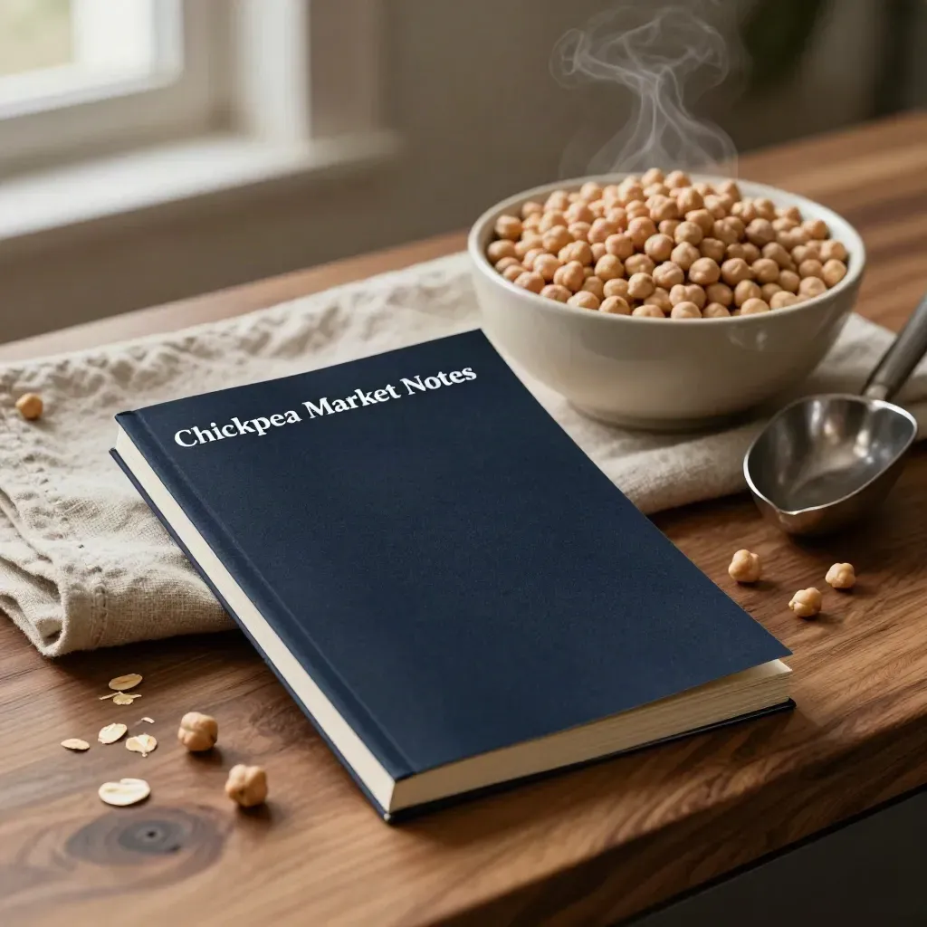 Dark notes pack beside chickpeas in a ceramic bowl with cloth and a metal scoop, warm window light