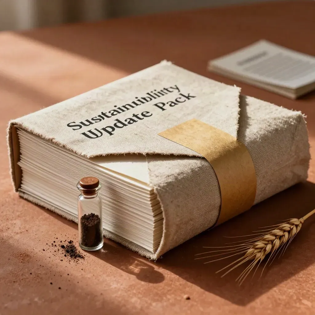 Recycled-paper report bundle with linen wrap, soil vial, and wheat-gold band on terracotta clay.
