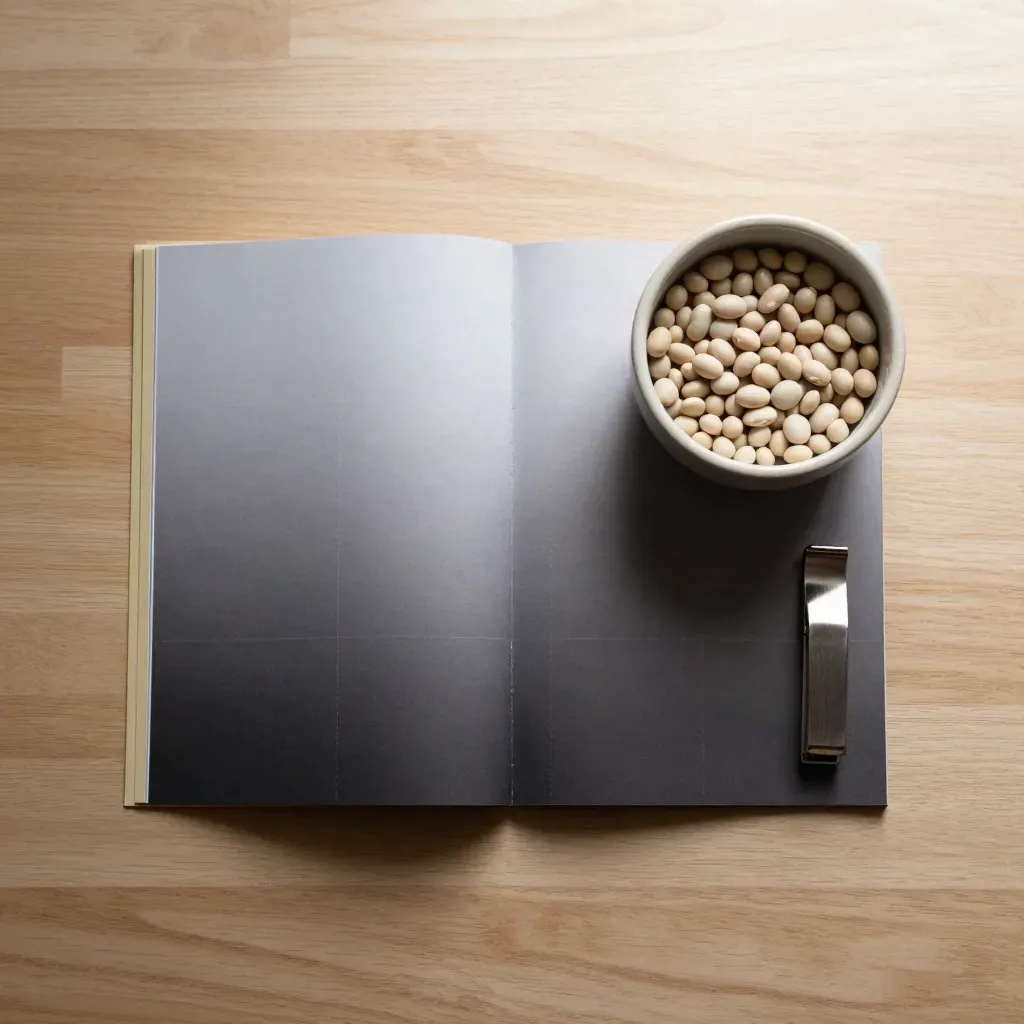 Overhead flatlay of a bean guide, seed bowl, and steel clip on a pale oak slab.