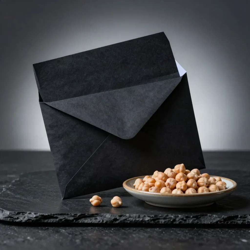 Dark chickpea packet with lifted flap beside a shallow dish of chickpeas on matte black