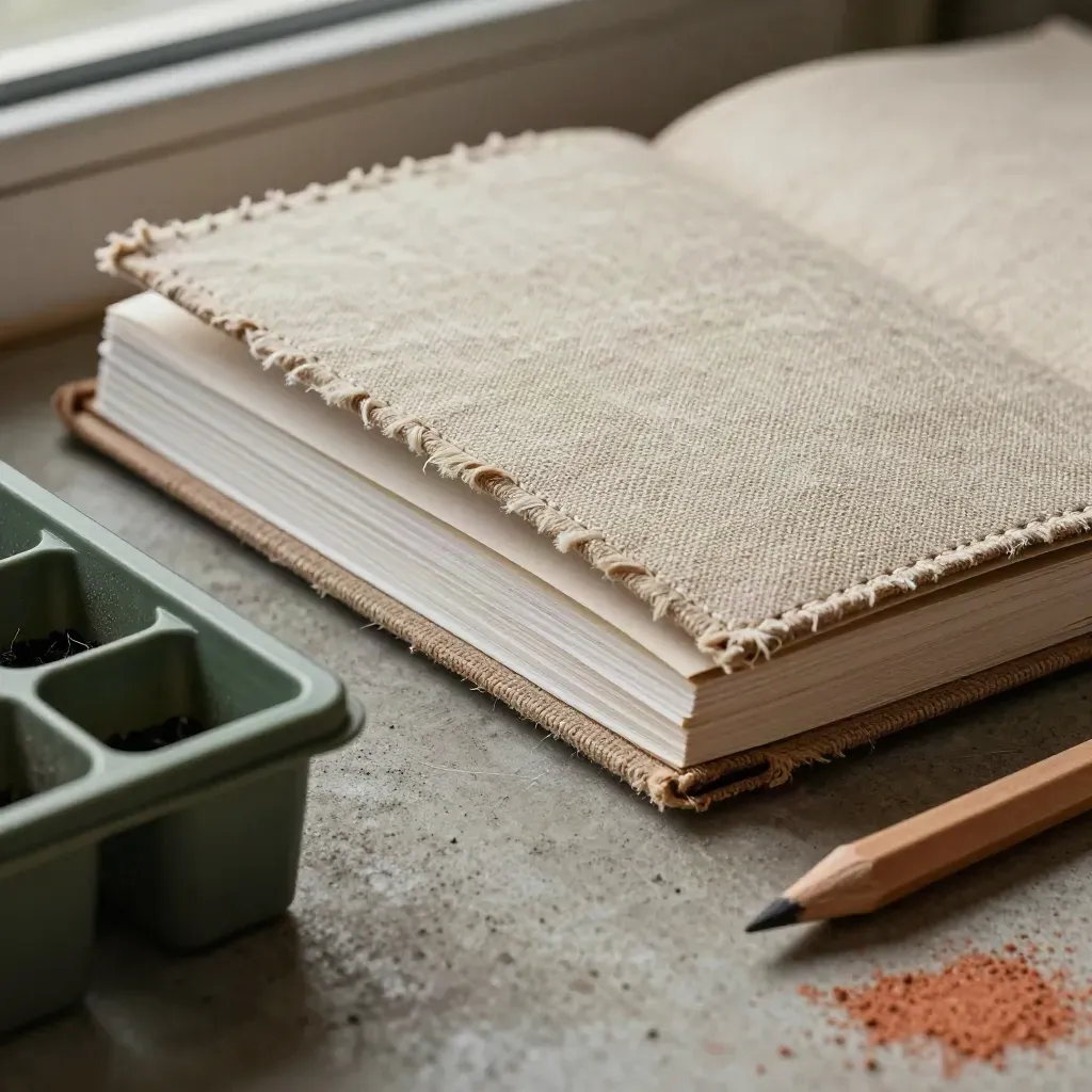 Rough-linen planner, seed tray corner and pale pencil stub in cool window light