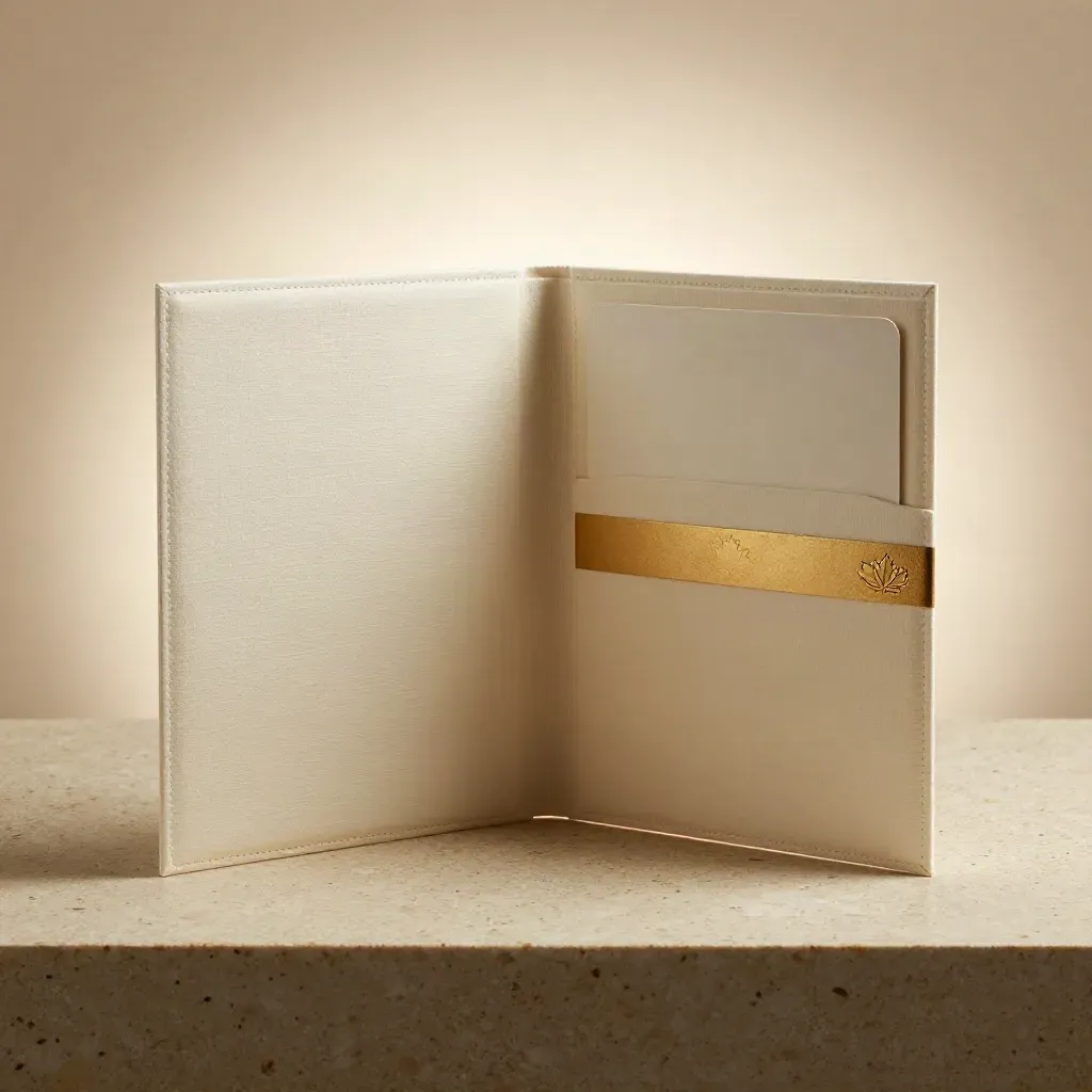 Premium membership folder opens on travertine with a gold band and blank card sleeve.