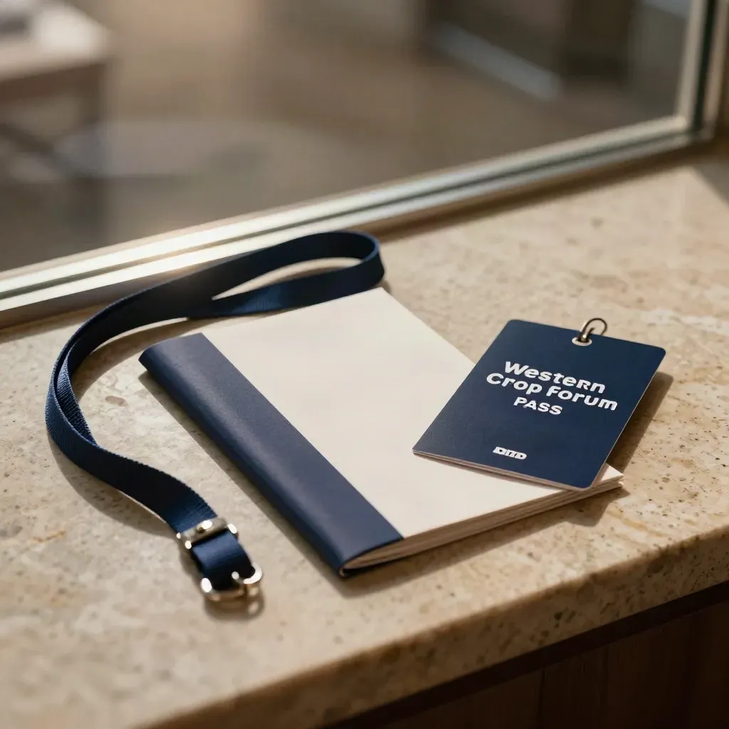 Western Crop Forum pass kit with navy lanyard, program packet and ticket sleeve on warm limestone