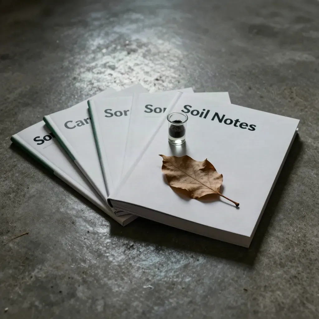 Three report booklets, a soil vial and leaf fragment on concrete, lit in a moody studio.