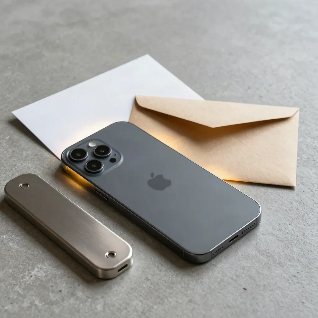 Face-down phone, envelope and slim dock on concrete in a premium editorial flatlay.