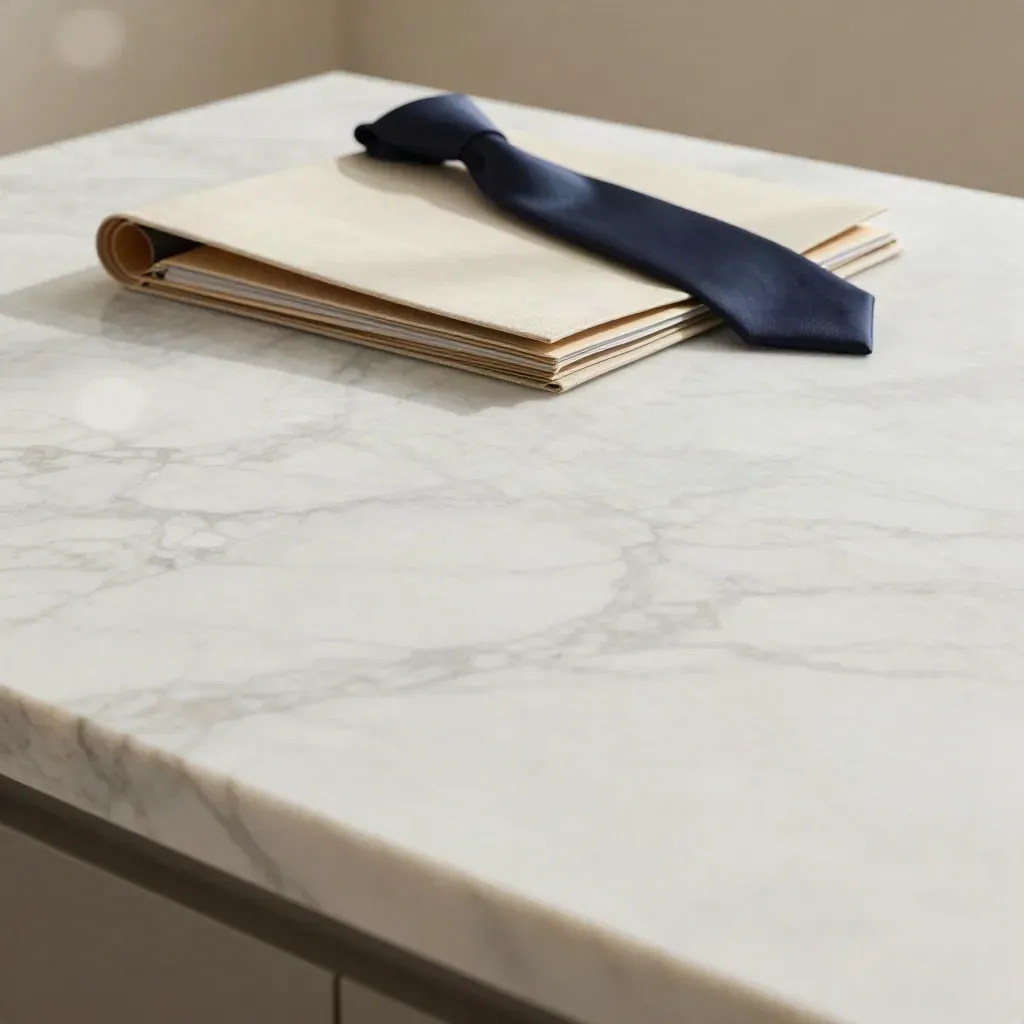 Pale marble surface with rolled report folders and soft light, calm open space below.