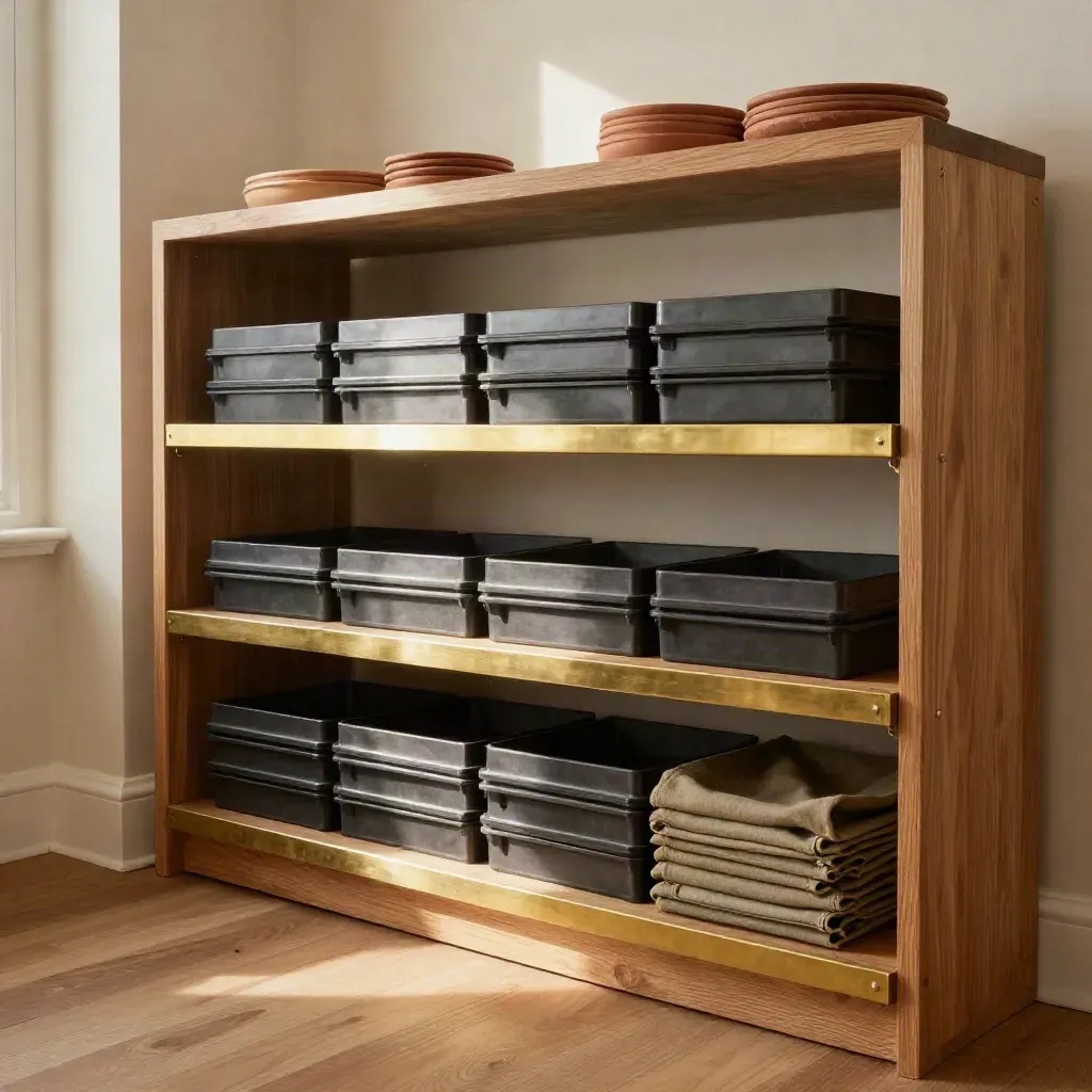 Oak grower-tools nook with seed trays, canvas tote, and brass shelves in soft morning light.