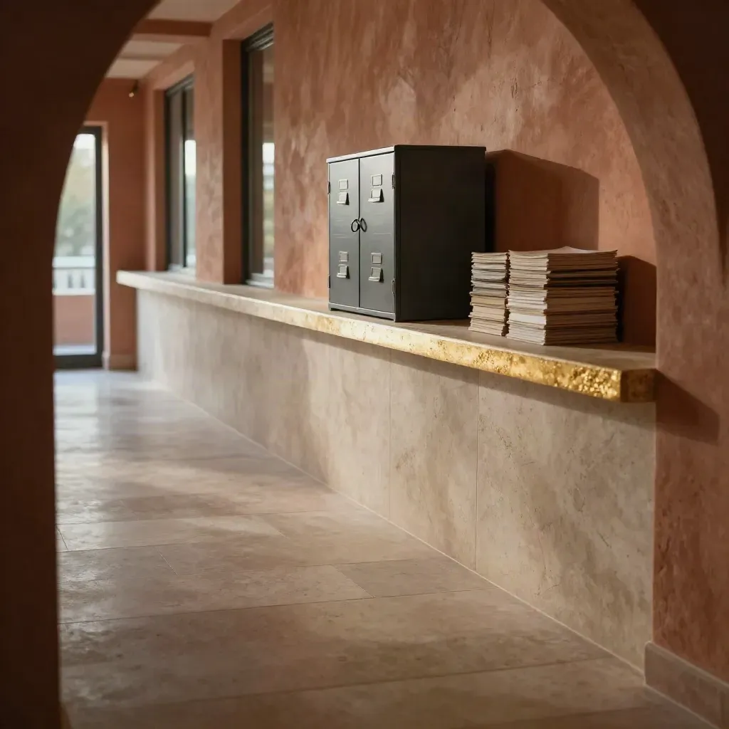 Stone corridor with filing cabinet, binders, and tall windows in soft late light.