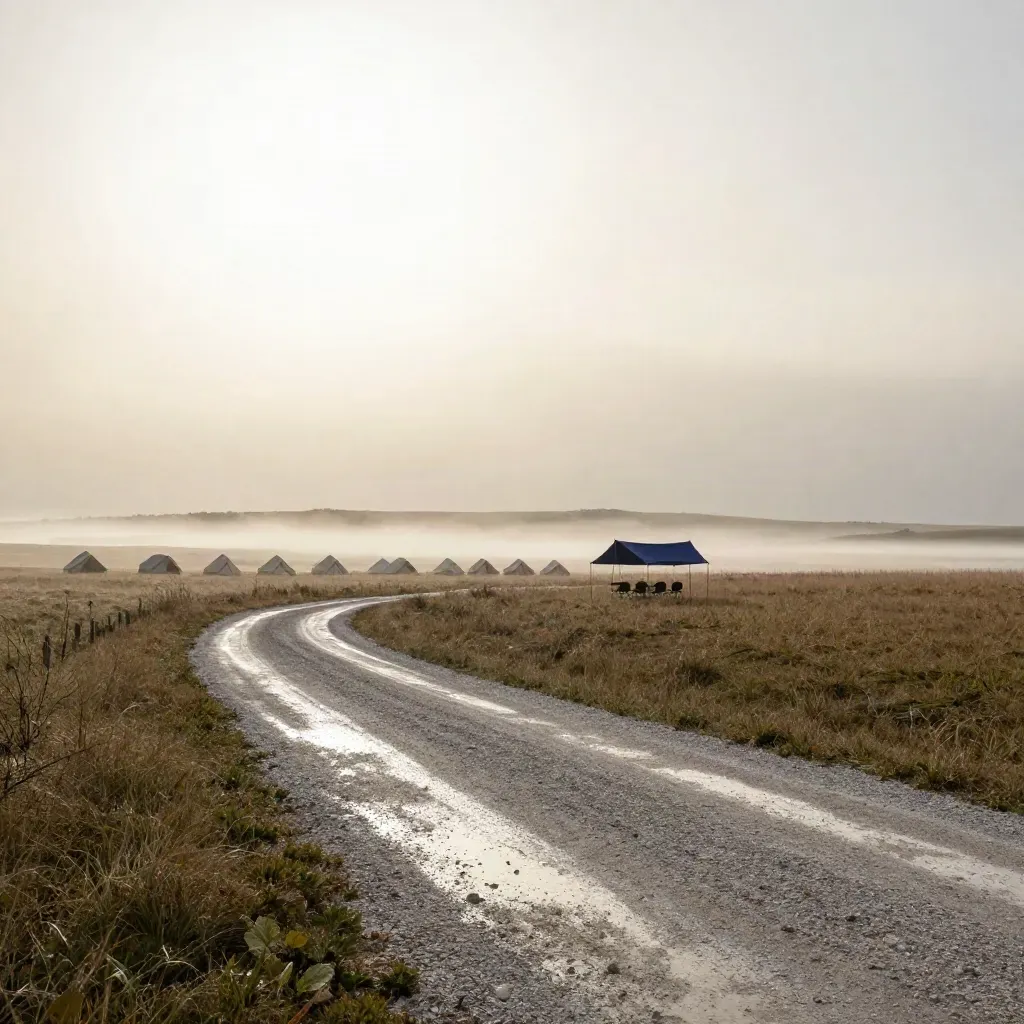 Rain-cleared prairie event site with tents, gravel lane, mist and a huge bright sky.