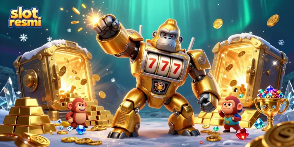 Engage with the action of slot resmi featuring a golden gorilla mech surrounded by treasures and excitement.