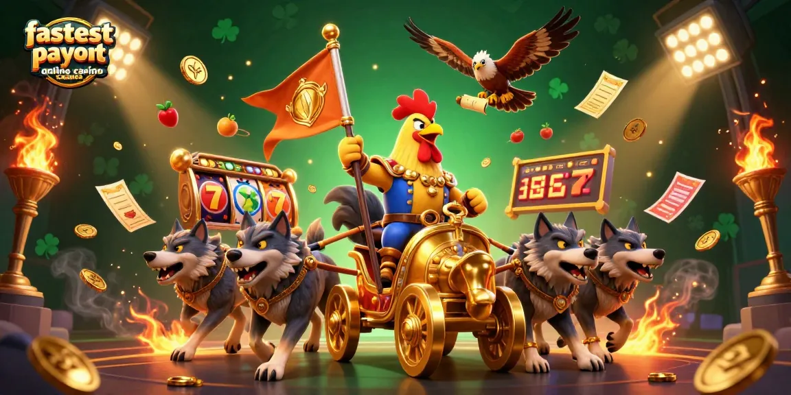 Engage with the fastest payout online casino Canada, featuring vibrant 3D cartoon rooster warlord and dynamic slot reels.