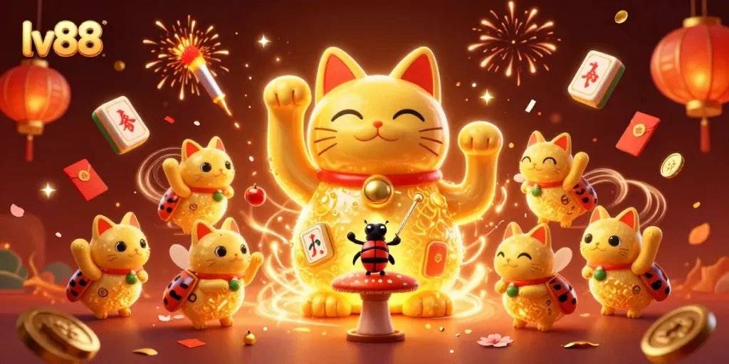 Experience dynamic gaming with lv88 featuring a lucky cat and vibrant casino symbols.
